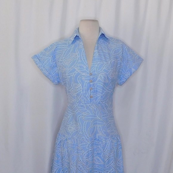 ZARA Embroidered Eyelet Lace Dress Light Blue White Tiered Midi Summer X-Small - Picture 4 of 16